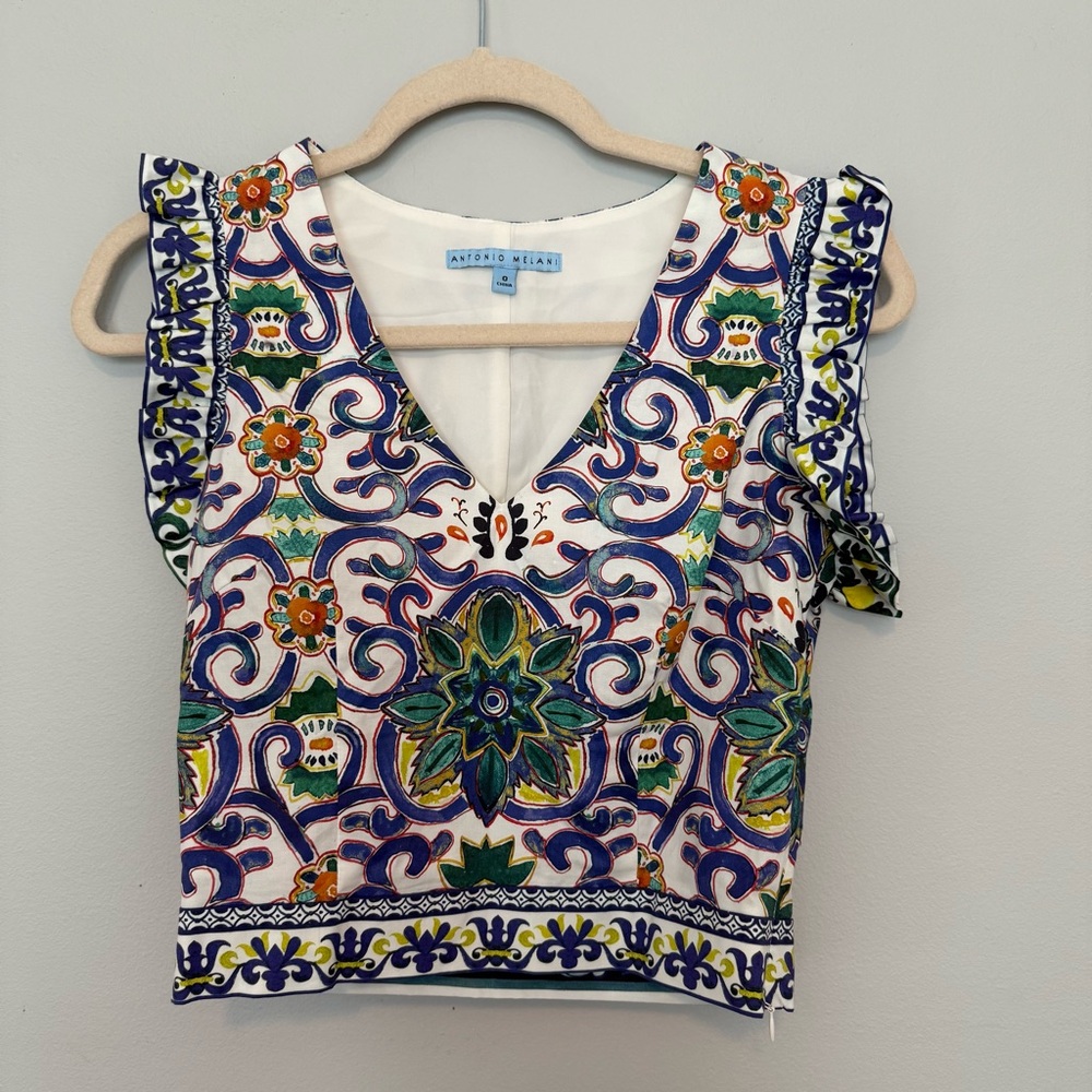 ANTONIO MELANI Blue and Pink Flutter Sleeve Crop Blouse